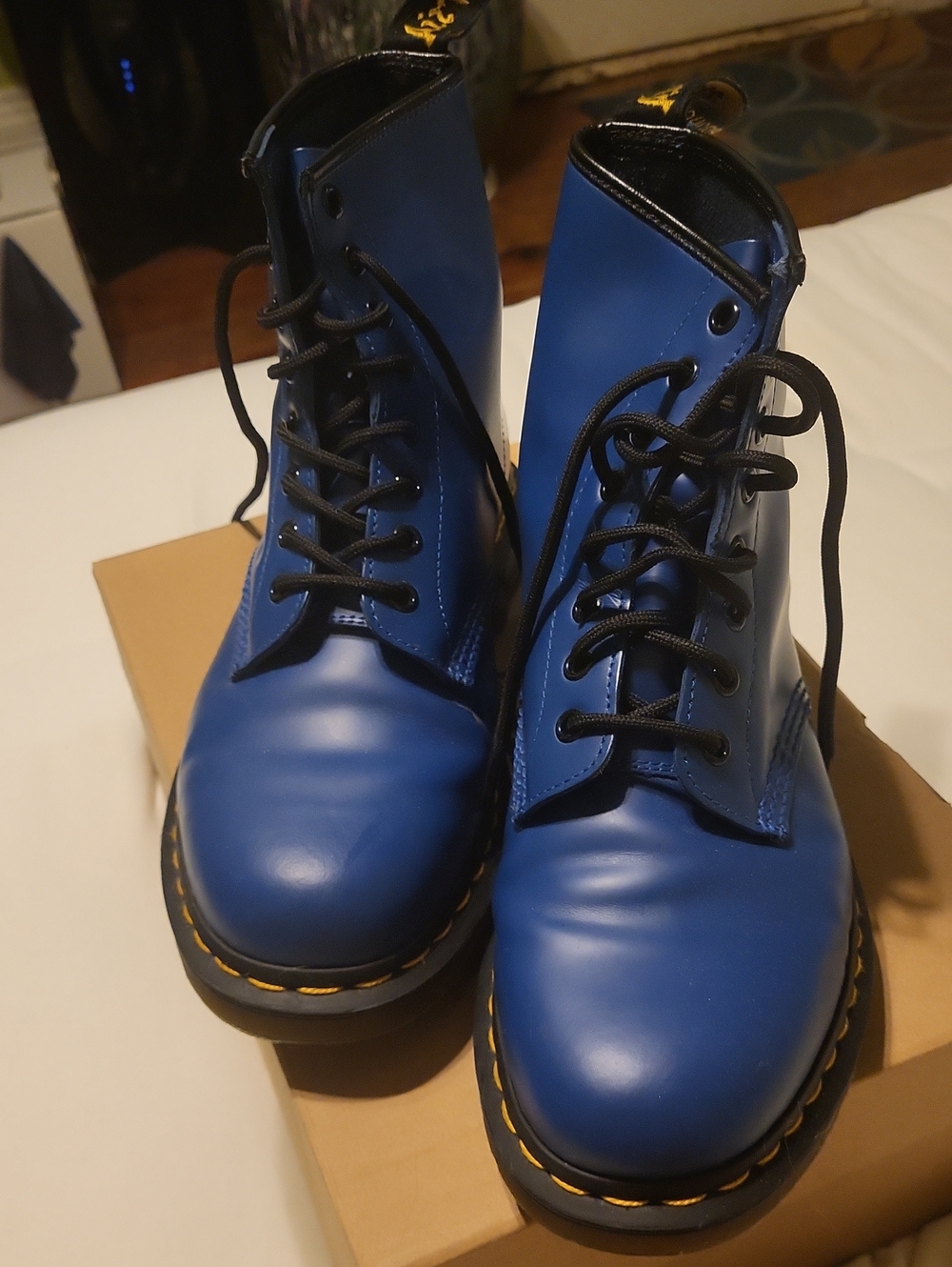 Dr. Martens Blue Leather Combat Boots with Yellow Stitching